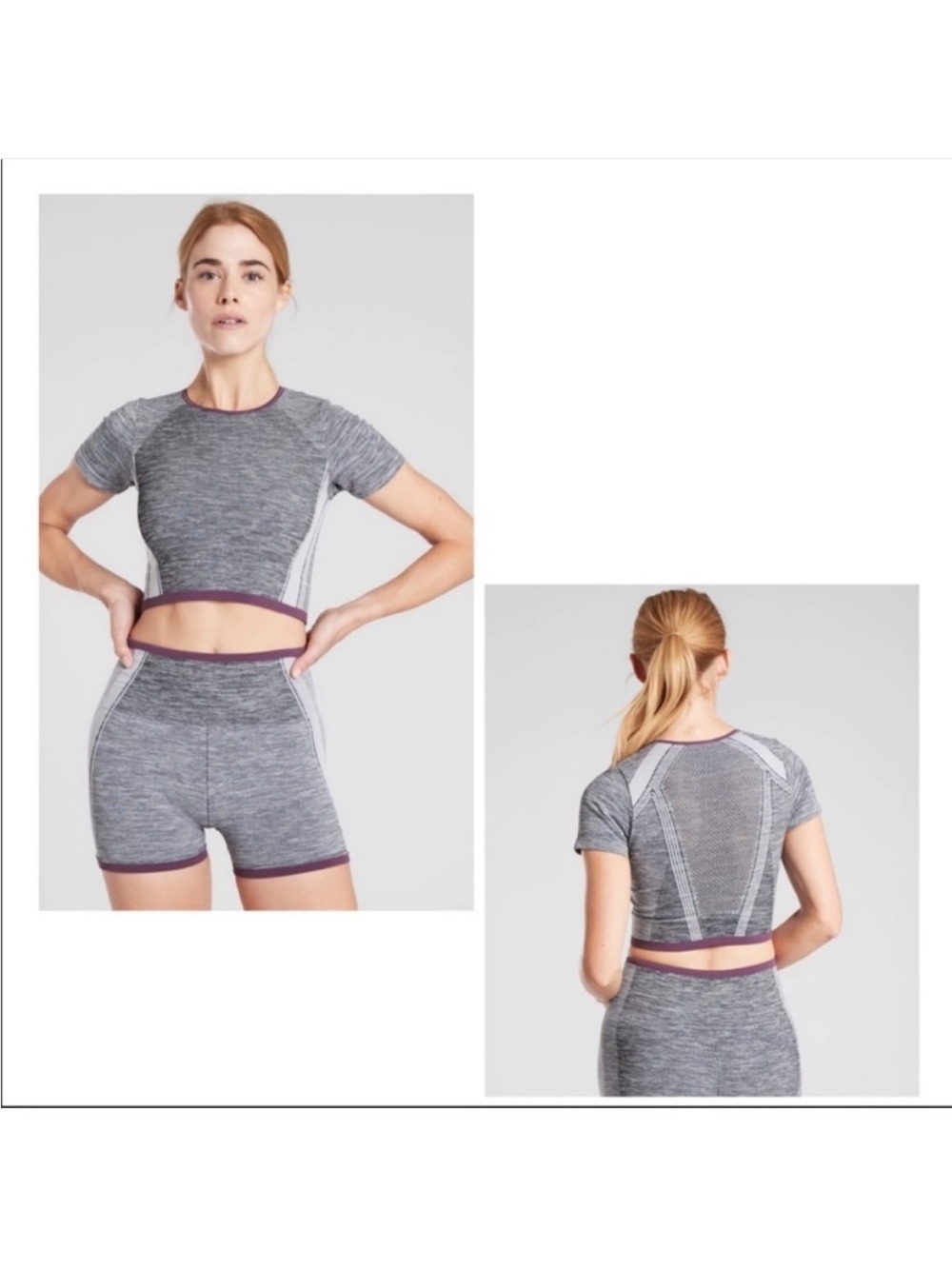 NWT Athleta Heathered Gray/Plum Activewear SET Impact Crop Tee Impact Short 3.5